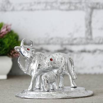 eCraftIndia Premium White Metal DECORative Kamdhenu Cow with Calf Figurine 2