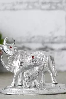 eCraftIndia Premium White Metal DECORative Kamdhenu Cow with Calf Figurine