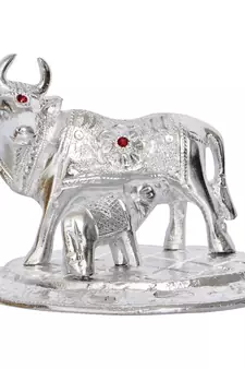 eCraftIndia Premium White Metal DECORative Kamdhenu Cow with Calf Figurine