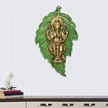 eCraftIndia Golden Chaturbhuj Lord Ganesha on Green Leaf Metal Wall Hanging 1