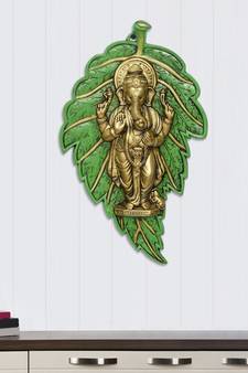 eCraftIndia Golden Chaturbhuj Lord Ganesha on Green Leaf Metal Wall Hanging
