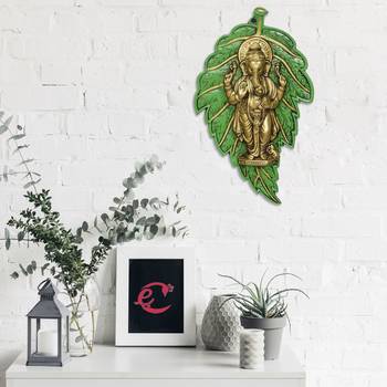 eCraftIndia Golden Chaturbhuj Lord Ganesha on Green Leaf Metal Wall Hanging 2