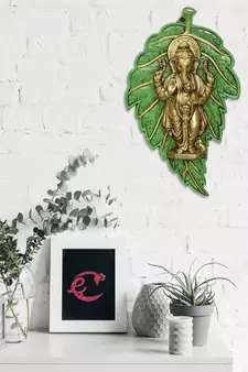 eCraftIndia Golden Chaturbhuj Lord Ganesha on Green Leaf Metal Wall Hanging