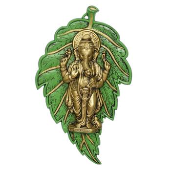 eCraftIndia Golden Chaturbhuj Lord Ganesha on Green Leaf Metal Wall Hanging 3