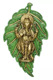 eCraftIndia Golden Chaturbhuj Lord Ganesha on Green Leaf Metal Wall Hanging