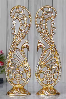 eCraftIndia Golden Peocock Couple 14 Inch DECORative Figurine Showpiece