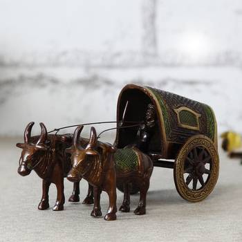 eCraftIndia Brass Brown and Green Antique Finish Closed Bullock Cart 1