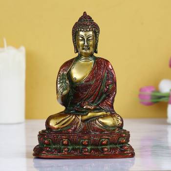 eCraftIndia Golden and Red Premium Meditating Blessing Buddha Brass Antique Artifact 1