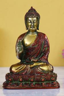 eCraftIndia Golden and Red Premium Meditating Blessing Buddha Brass Antique Artifact