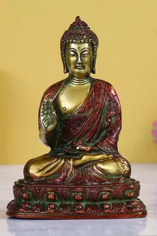 eCraftIndia Golden and Red Premium Meditating Blessing Buddha Brass Antique Artifact