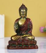eCraftIndia Golden and Red Premium Meditating Blessing Buddha Brass Antique Artifact