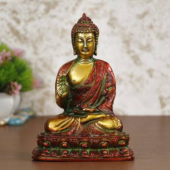 eCraftIndia Golden and Red Premium Meditating Blessing Buddha Brass Antique Artifact 2