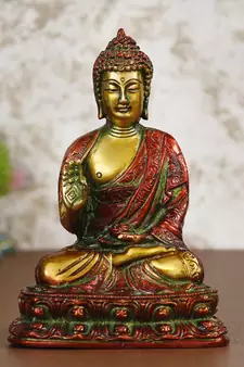 eCraftIndia Golden and Red Premium Meditating Blessing Buddha Brass Antique Artifact