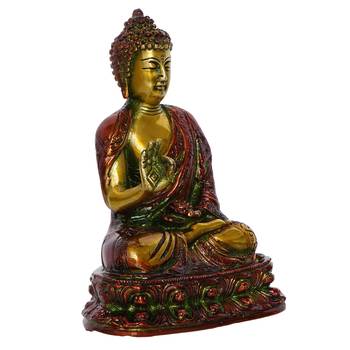 eCraftIndia Golden and Red Premium Meditating Blessing Buddha Brass Antique Artifact 3