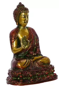 eCraftIndia Golden and Red Premium Meditating Blessing Buddha Brass Antique Artifact