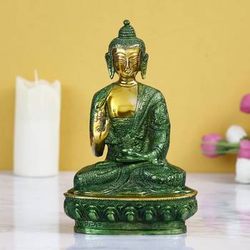 eCraftIndia Golden and Green Premium Meditating Blessing Buddha Brass Antique Artifact 1