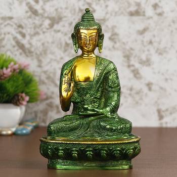 eCraftIndia Golden and Green Premium Meditating Blessing Buddha Brass Antique Artifact 2
