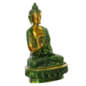 eCraftIndia Golden and Green Premium Meditating Blessing Buddha Brass Antique Artifact 3