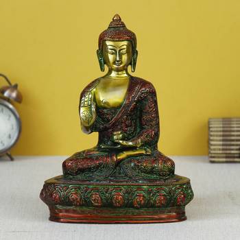 eCraftIndia Golden and Red Premium Meditating Blessing Big Buddha Brass Antique Artifact 1
