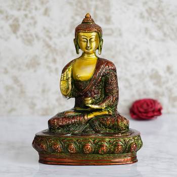 eCraftIndia Golden and Red Premium Meditating Blessing Big Buddha Brass Antique Artifact 2