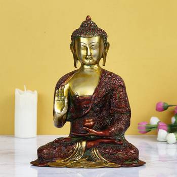 eCraftIndia Red and Golden Premium Meditating Blessing Big Buddha Brass Antique Artifact 1