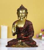 eCraftIndia Red and Golden Premium Meditating Blessing Big Buddha Brass Antique Artifact