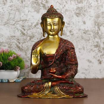 eCraftIndia Red and Golden Premium Meditating Blessing Big Buddha Brass Antique Artifact 2
