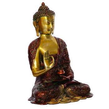 eCraftIndia Red and Golden Premium Meditating Blessing Big Buddha Brass Antique Artifact 3