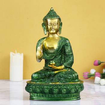 eCraftIndia Golden and Green Premium Meditating Blessing Big Buddha Brass Antique Artifact 1