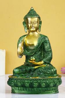 eCraftIndia Golden and Green Premium Meditating Blessing Big Buddha Brass Antique Artifact