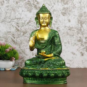 eCraftIndia Golden and Green Premium Meditating Blessing Big Buddha Brass Antique Artifact 2