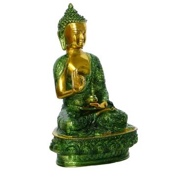 eCraftIndia Golden and Green Premium Meditating Blessing Big Buddha Brass Antique Artifact 3