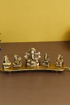 eCraftIndia Golden Finish Set of 5 Musical Ganesha Handcrafted Showpiece with Incense Holder