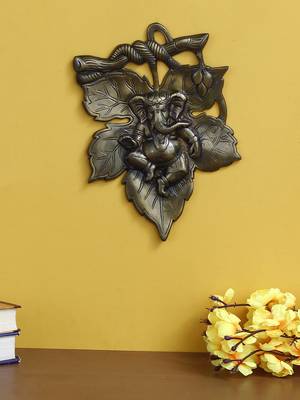 eCraftIndia Antique Finish Lord Ganesha on Creative Leaf Handcrafted Metal Wall Hanging 2