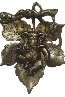 eCraftIndia Antique Finish Lord Ganesha on Creative Leaf Handcrafted Metal Wall Hanging