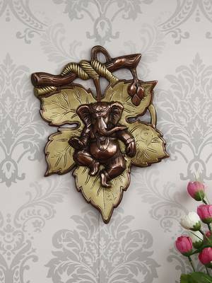 eCraftIndia Golden Finish Lord Ganesha on Creative Leaf Handcrafted Metal Wall Hanging 1