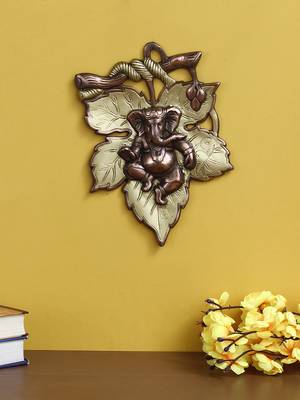 eCraftIndia Golden Finish Lord Ganesha on Creative Leaf Handcrafted Metal Wall Hanging 2
