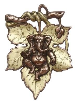 eCraftIndia Golden Finish Lord Ganesha on Creative Leaf Handcrafted Metal Wall Hanging 3