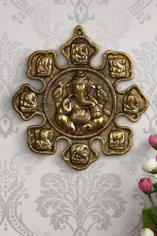 eCraftIndia 9 variants of Lord Ganesha Golden Metal Wall hanging