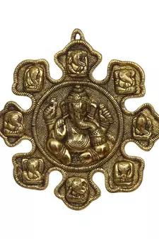 eCraftIndia 9 variants of Lord Ganesha Golden Metal Wall hanging
