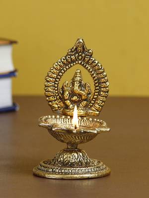 eCraftIndia Lord Ganesha with Diya Handcrafted Golden Metal Showpiece 1