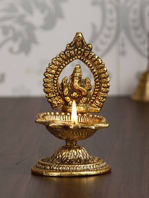 eCraftIndia Lord Ganesha with Diya Handcrafted Golden Metal Showpiece 2