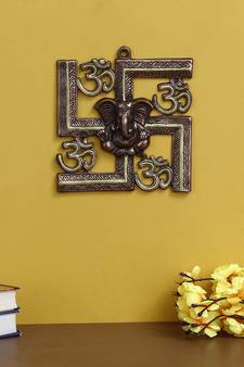 eCraftIndia Lord Ganesha on Om Swastik Metal Silver Wall Hanging