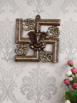eCraftIndia Lord Ganesha on Om Swastik Metal Silver Wall Hanging 2