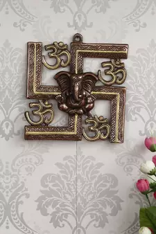 eCraftIndia Lord Ganesha on Om Swastik Metal Silver Wall Hanging