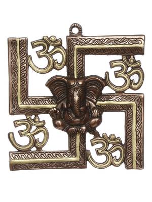 eCraftIndia Lord Ganesha on Om Swastik Metal Silver Wall Hanging 3