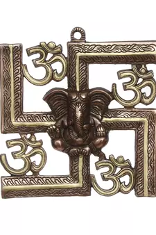 eCraftIndia Lord Ganesha on Om Swastik Metal Silver Wall Hanging