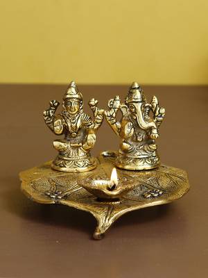 eCraftIndia Golden Laxmi Ganesha with Diya on Leaf Handcrafted Metal Showpiece 1