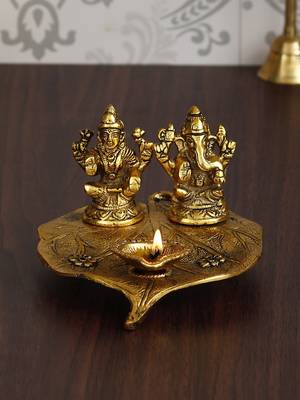 eCraftIndia Golden Laxmi Ganesha with Diya on Leaf Handcrafted Metal Showpiece 2