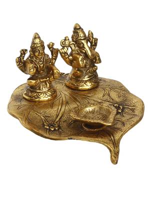 eCraftIndia Golden Laxmi Ganesha with Diya on Leaf Handcrafted Metal Showpiece 3